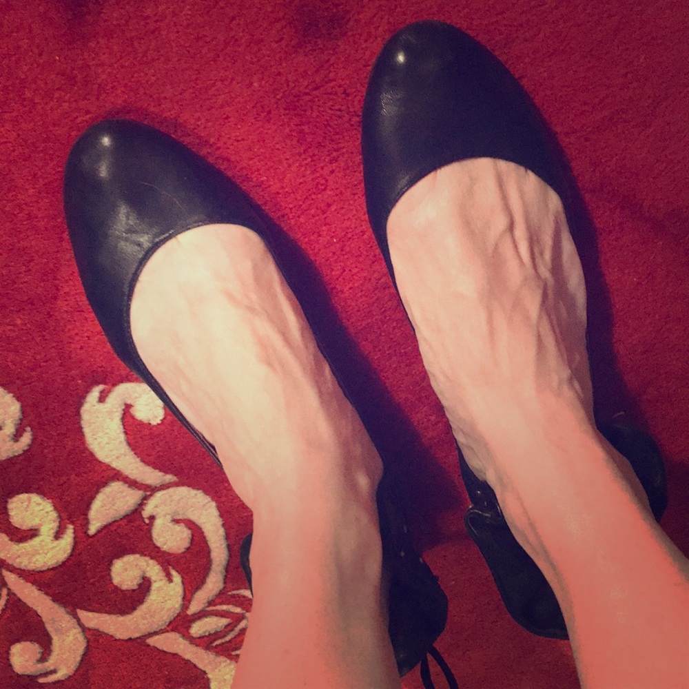 Black leather lace up ruffle, beaded flats
